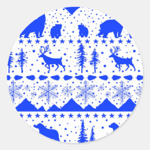 Sticker Rond Balayage nordique Animaux d'hiver Royal Bleu & Bla