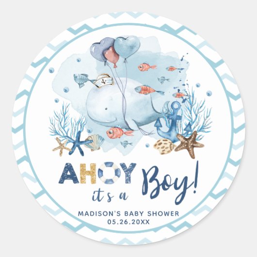 Sticker Rond Baleine Nautical Boy Baby shower Merci Favor (Devant)