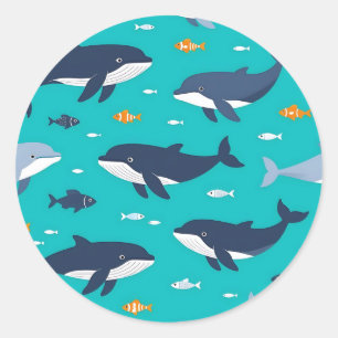 Sticker Rond Baleines dauphins motif océanique