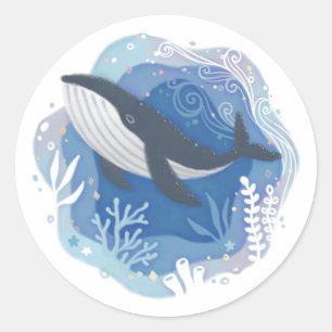 Sticker Rond Baleines et coraux en papier océanique Illustratio