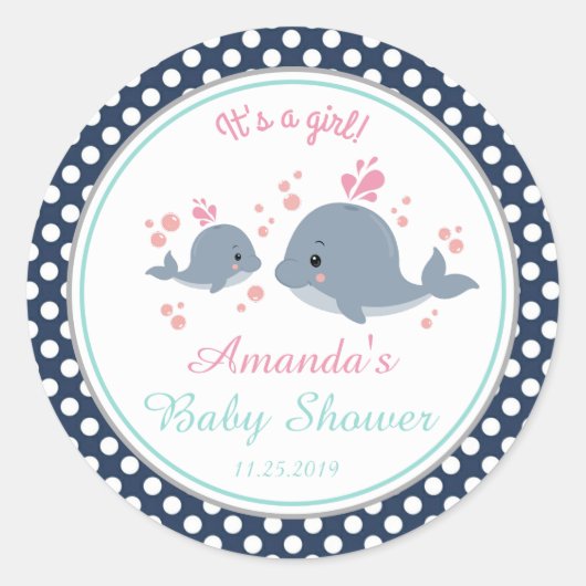 Sticker Rond Baleines Fille Baby shower Merci Favoriser (Devant)