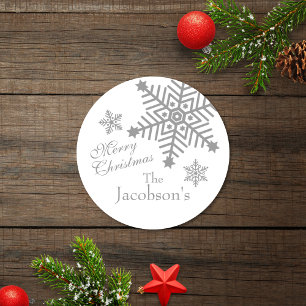 Sticker Rond Balise cadeau de Noël Joyeux Silver Silver Snowfla