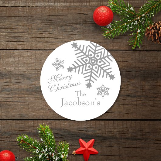Sticker Rond Balise cadeau de Noël Joyeux Silver Silver Snowfla