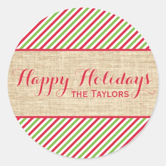Sticker Rond Balise cadeau de Noël rustique Rouge Green Stripes (Devant)
