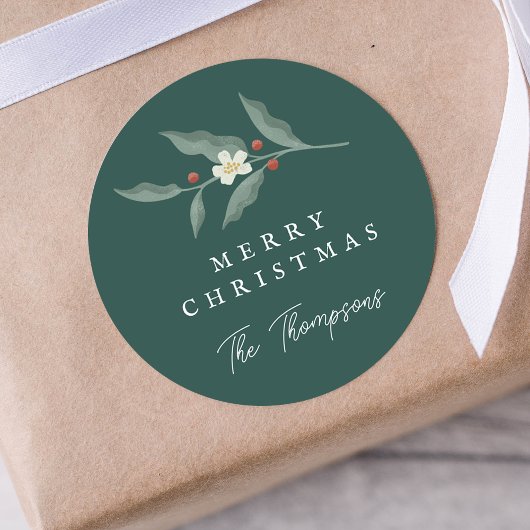 Sticker Rond Balise cadeau de Noël vert floral tiré à la main
