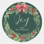Sticker Rond Balise cadeau de Noël Wreath Green Joy Name (Devant)