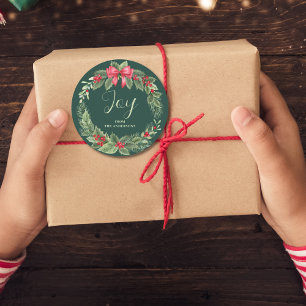 Sticker Rond Balise cadeau de Noël Wreath Green Joy Name