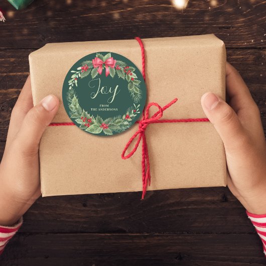 Sticker Rond Balise cadeau de Noël Wreath Green Joy Name
