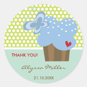 Sticker Rond Balise cadeau Merci Cupcake bleu