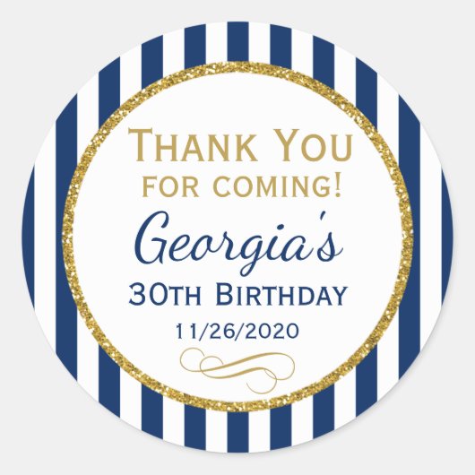 Sticker Rond Balise d'anniversaire bleu marine Merci d'or (Devant)