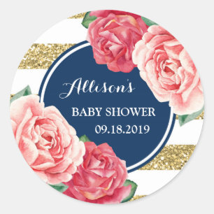 Sticker Rond Balise de Baby shower Rose Floral Bleu Gold