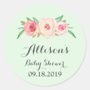 Sticker Rond Balise de Baby shower vert rose pâle