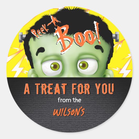 Sticker Rond Balise Halloween Frankenstein Peek A Boo Candy Bag (Devant)