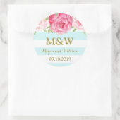 Sticker Rond Balise Sky Blue Stripes Floral Monogramme Mariage  (Sac)
