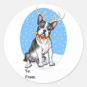 Sticker Rond Balises cadeaux Boston Terrier Reindeer