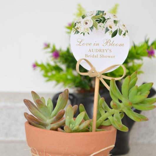 Sticker Rond Balises Fleur Florale Blanche et Or Merci Favorise