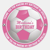 Sticker Rond Balle de football Merci d'anniversaire rose et bla (Devant)