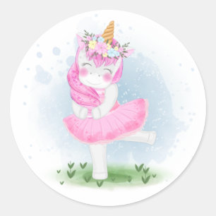 Sticker Rond Ballerina de la petite licorne à couronne de fleu