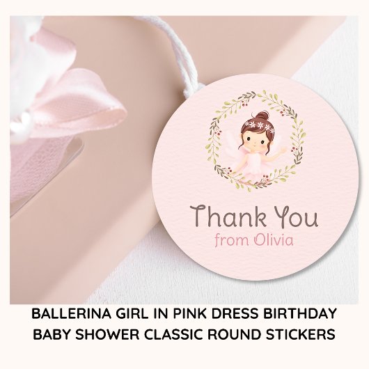 Sticker Rond Ballerina Girl en Robe rose Baby shower d'annivers