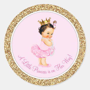 Sticker Rond Ballerina Princess Baby shower d'or rose