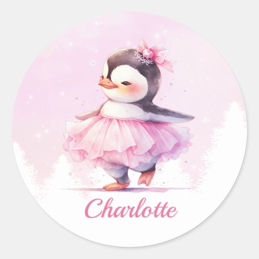 Sticker Rond Ballerina rose pingouin mignonne (Devant)