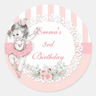 Sticker Rond Ballerine tutu rose rayures fleurs