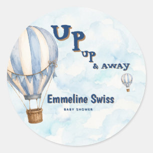 Sticker Rond Ballon à Air Chaud Bleu Haut et Loin Baby Shower