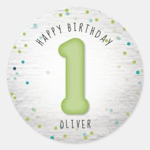 Sticker Rond Ballon Brick Confetti Bleu Vert Premier anniversai