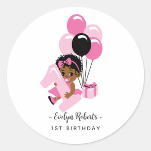 Sticker Rond Ballon Rose Fille Noire Premier Anniversaire