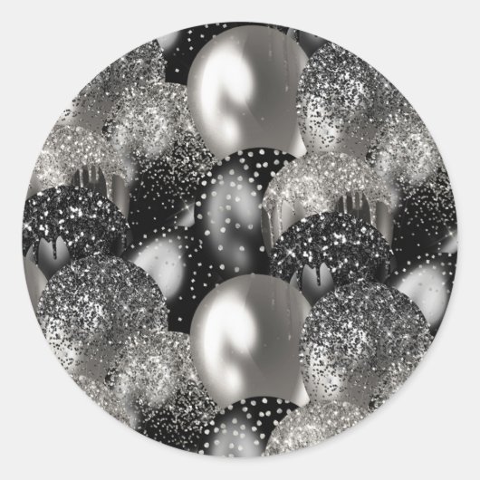 Sticker Rond Ballons Anniversaire Black Silver Parties scintill (Devant)