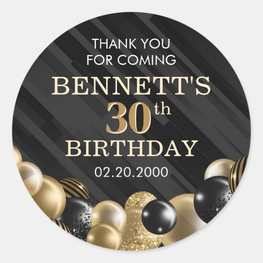 Sticker Rond Ballons Black Gold Anniversaire (Devant)