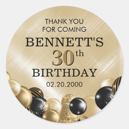 Sticker Rond Ballons Black Gold Anniversaire (Devant)