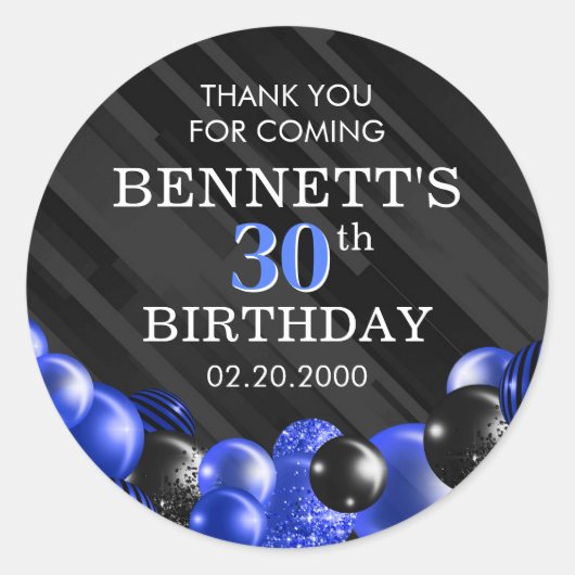 Sticker Rond Ballons Bleu Noir Anniversaire (Devant)