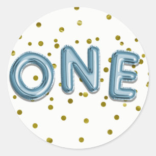 Sticker Rond Ballons Bleus Confettis Dorés Fête d'anniversaire 