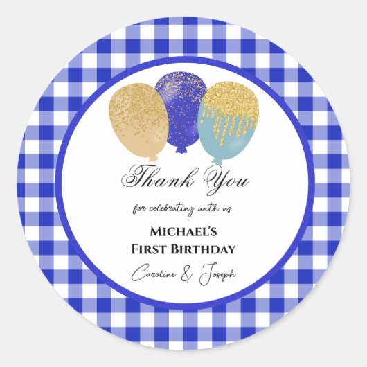 Sticker Rond Ballons Bleus & Gingham Bleu Merci (Devant)
