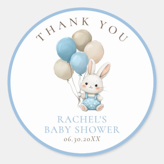 Sticker Rond Ballons Bleus Lapin | Baby shower garçon (Devant)