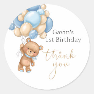Sticker Rond Ballons Bleus Ours Teddy Anniversaire Merci