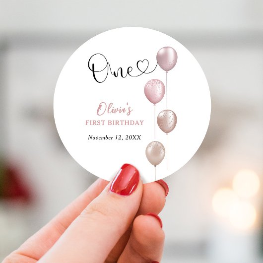 Sticker Rond Ballons Blush fille premier anniversaire