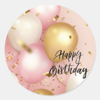 Sticker Rond Ballons d'anniversaire rose et or