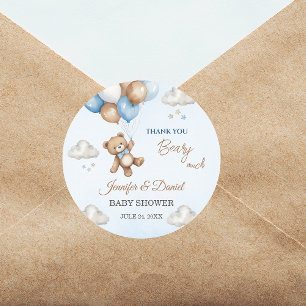 Sticker Rond Ballons de Baby Shower Bleu Mignon Ourson en Peluc