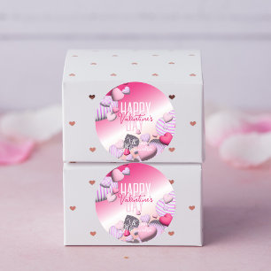 Sticker Rond Ballons de coeur rose et blanc rayé Saint-Valentin