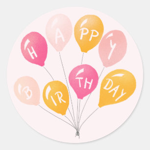 Sticker Rond Ballons de fête rose jaune enfant Joyeux anniversa