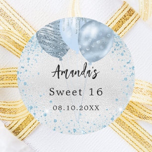 Sticker Rond Ballons de parties scintillant bleu argent pour la