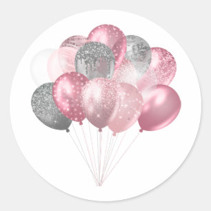 Sticker Rond Ballons de parties scintillant rose et argent