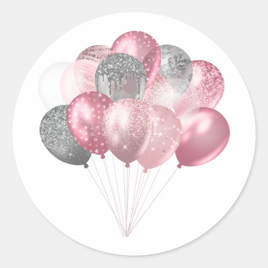 Sticker Rond Ballons de parties scintillant rose et argent (Devant)
