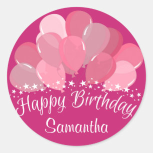 Sticker Rond Ballons de rose de joyeux anniversaire et étoiles