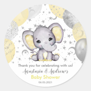 Sticker Rond Ballons d'éléphant à Baby shower jaune mignon