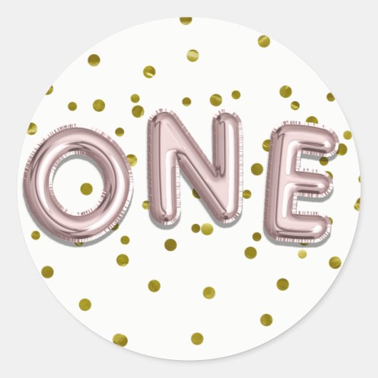 Sticker Rond Ballons d'or rose Confetti 1er anniversaire (Devant)
