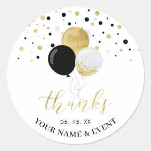 Sticker Rond Ballons dorés et noirs Cadeau de fête Merci