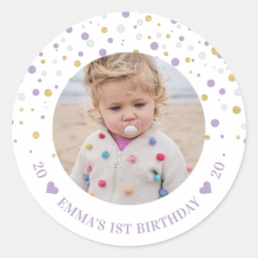 Sticker Rond Ballons Gold & Purple | 1ère fête d'anniversaire p (Devant)